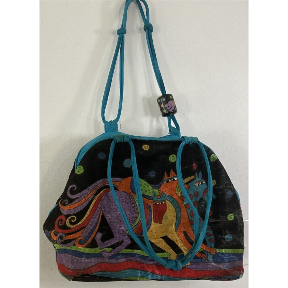 Laurel Burch Horses Canvas Shoulder Bag Beaded Tote w/mini cat bag *see wear pic - Picture 7 of 10